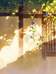 Poster - Soft light and shadow with copy space text on a beige wall with green vines and purple flowers, a perfect background for nature, home, and summer.