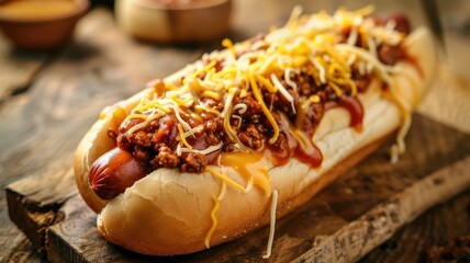 Poster - Hot dog topped with chili, cheese, and sauce in bun