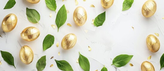 Poster - Creative flat lay background with copy space image featuring golden eggs green leaves and an Easter theme seen from a top view