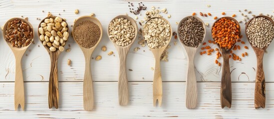 Sticker - Various grains and cereals displayed in wooden spoons on a white wooden surface Includes a copy space image