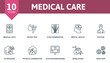 © Mariia - Medical Care thin line icon set. Medical Apps, Blood Test, X-Ray Examination, Mental Health, Doctor, Ultrasound, Physical Examination, Electrocardiogram, Wheelchair, Infection icons and more