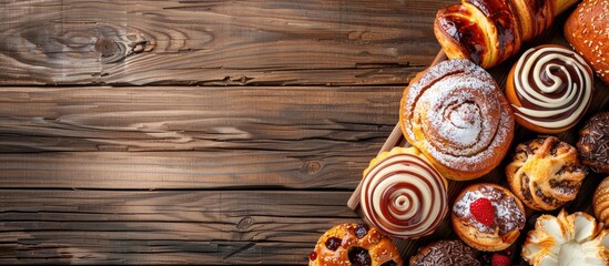 Poster - Delicious bakery items displayed on a rustic wooden surface with copy space image