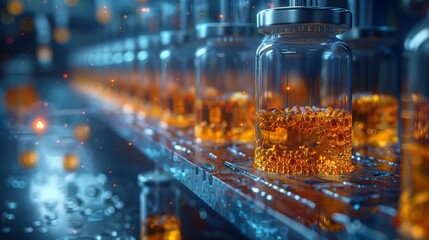 Poster - an artistic rendering of a microfluidic network, featuring a series of glass vials filled with a shi
