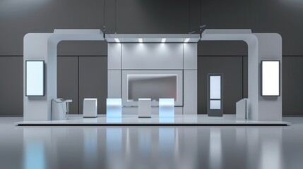 Poster - A 3D render of a blank booth system with interactive elements, such as touch screens or digital displays. 