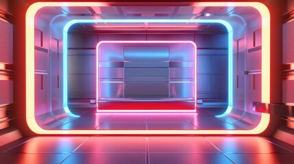 Poster - A 3D render of a blank booth system with a futuristic, high-tech design, featuring LED lights and sleek surfaces. 