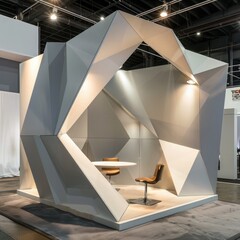 Poster - A blank booth system in a geometric shape, with sharp angles and a neutral color palette for a contemporary aesthetic. 