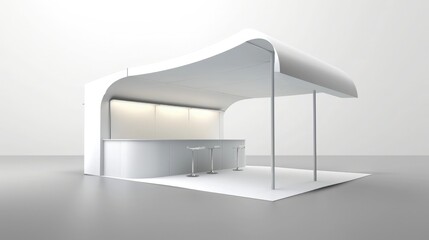 Poster - A 3D render of a blank booth system featuring a simple, open design with white walls and a smooth, curved canopy.