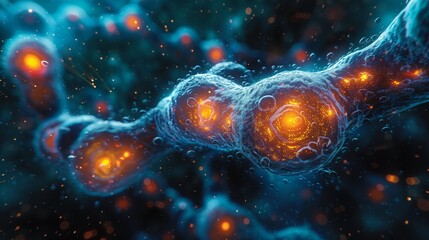Poster - A close-up view of a cell, visualized using advanced imaging techniques, revealing intricate internal structures and glowing orange centers.