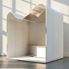 Poster - A 3D render of a blank booth system featuring a simple, open design with white walls and a smooth, curved canopy.
