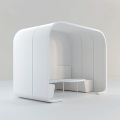 Poster - A 3D render of a blank booth system featuring a simple, open design with white walls and a smooth, curved canopy. 