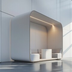 Poster - A 3D render of a blank booth system featuring a simple, open design with white walls and a smooth, curved canopy. 