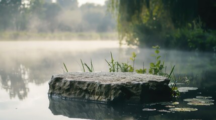 Poster - A stone pedestal emerging from the water of a lake, displaying cosmetics against a backdrop of greenery and morning mist. 