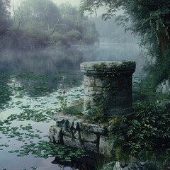 Poster - A stone pedestal emerging from the water of a lake, displaying cosmetics against a backdrop of greenery and morning mist.