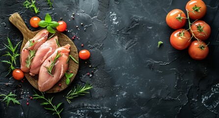 Wall Mural - Top view of raw chicken fillets with fresh herbs and cherry tomatoes on a black stone background. Perfect for food blogs. High-quality stock photo for culinary projects and recipe content. AI