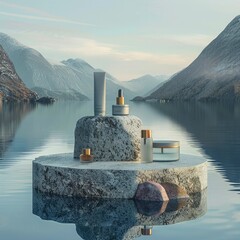 Poster - A stone pedestal display on a quiet lake, with cosmetic products and the distant mountains bathed in morning light.