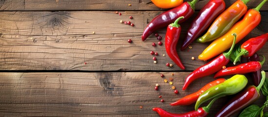 Canvas Print - Colorful hot chili peppers displayed on a rustic wooden surface with abundant copy space image