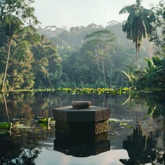 Poster - A stone pedestal with cosmetics floating on a lake, with a backdrop of lush forests and a tranquil, early morning sky.