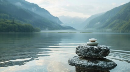 Poster - A peaceful view of a stone pedestal on a lake's surface, showcasing cosmetic products against the backdrop of mountains and greenery. 