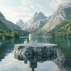 Poster - A peaceful view of a stone pedestal on a lake's surface, showcasing cosmetic products against the backdrop of mountains and greenery.