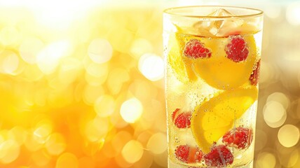 Wall Mural - Refreshing beverage with lemons, raspberries, and ice cubes in clear glass, set against golden bokeh background