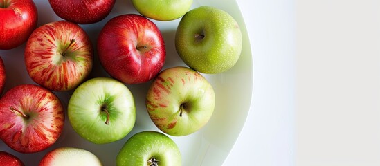 Canvas Print - Focus on red and green apples arranged attractively on a plate against a clean white backdrop with empty space for text or other graphics in the frame. Copy space image