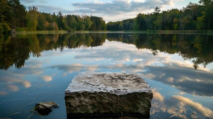 Poster - A stone pedestal with cosmetics, placed in the center of a serene lake, reflecting the surrounding forest and sky. 