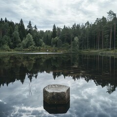 Poster - A stone pedestal with cosmetics, placed in the center of a serene lake, reflecting the surrounding forest and sky.