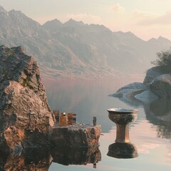Aufkleber - A stone pedestal display on a lake, with the soft glow of morning sunlight highlighting the cosmetics and the mountains in the distance.