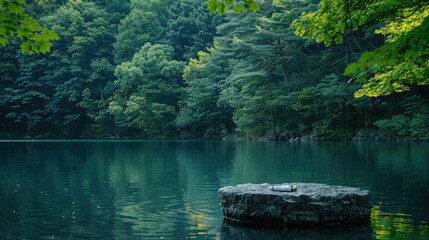 Poster - A tranquil scene with a stone pedestal holding cosmetic products, floating on a calm lake surrounded by a dense forest. 