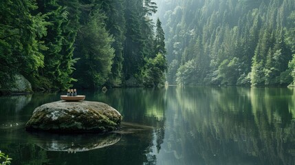 Poster - A tranquil scene with a stone pedestal holding cosmetic products, floating on a calm lake surrounded by a dense forest.