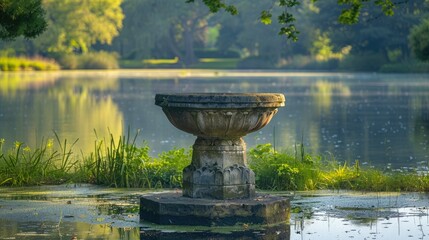 Poster - A stone pedestal display in the middle of a calm lake, surrounded by lush greenery and reflecting the soft morning light.