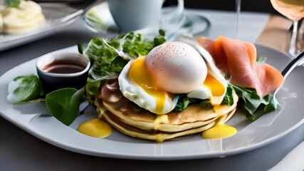 Sticker -  Delicious breakfast plate with pancakes eggs and salmon