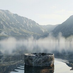 Poster - A stone pedestal emerging from a serene lake, set against a backdrop of distant mountains and morning mist, providing a tranquil setting for a cosmetic display