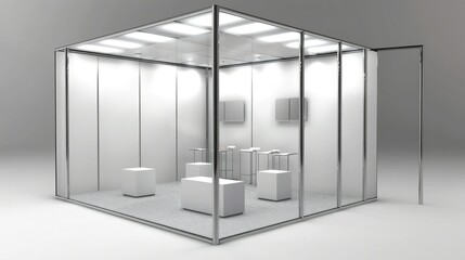 Poster - A 3D render of an empty booth system with a versatile, adaptable layout. The blank background provides plenty of room for online graphics. 