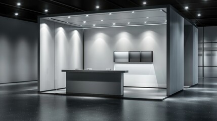 Poster - A sleek, contemporary booth system in a 3D render, featuring a seamless design and ample wall space for online graphic resources. 