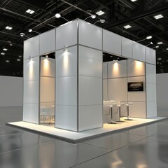Poster - A sleek, contemporary booth system in a 3D render, featuring a seamless design and ample wall space for online graphic resources. 