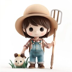 Wall Mural - Adorable 3D Clay Farmer Character with Kawaii Style and Cute Black Dot Eyes on White Background, Generative Ai