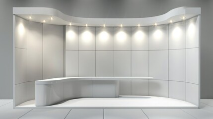 Poster - An empty booth system in a 3D rendering, featuring smooth surfaces and a neutral color palette. Ideal for showcasing online graphic resources. 
