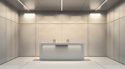 Poster - An empty booth system in a 3D rendering, featuring smooth surfaces and a neutral color palette. Ideal for showcasing online graphic resources. 
