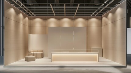 Poster - An empty booth system in a 3D rendering, featuring smooth surfaces and a neutral color palette. Ideal for showcasing online graphic resources. 
