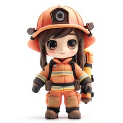 Wall Mural - Charming 3D Clay Firefighter Character with Kawaii Style and Small Eyes on White Background, Generative Ai