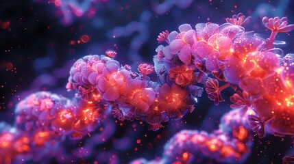 Poster - Abstract image symbolizing CRISPRs power to treat hereditary diseases, with glowing clusters resembling delicate flowers.