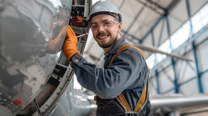 Poster - A man in a blue jacket and orange gloves is smiling as he works on an airplane