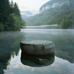 Poster - The peaceful morning lake, surrounded by forest and mountains, features a stone pedestal display on the water, creating a serene setting for a cosmetics shoot. 