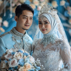 Wall Mural - front view face,Wedding Indonesian couple at Indoor hotel with background vibe blue and flowers.