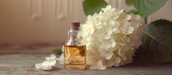 Canvas Print - A vintage glass bottle with cosmetic oil and white hydrangea flowers perfect for aromatherapy and herbal medicine with ample copy space image