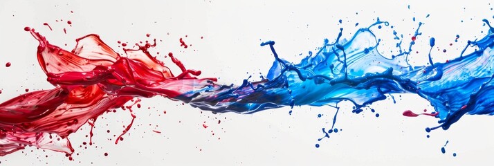 Poster - A high-speed photograph of red, white, and blue paint splashing against a white background. The paint is in motion, creating a dynamic and colorful image