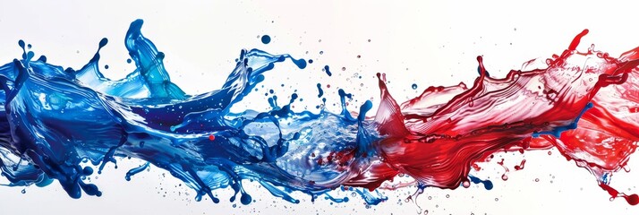 Poster - Blue, white, and red paint splashes across a white background in a highspeed photograph, creating an abstract image of the French flag