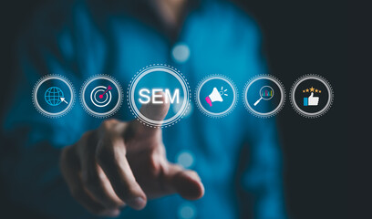 Wall Mural - sem, search engine marketing concept. businessman point sem related icons, symbolizing search engine