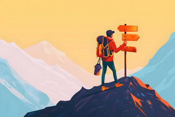 Poster - Traveler or explorer on mountain or valley concept. Colored flat vector illustration isolated.